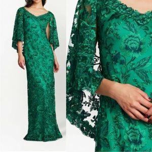 Tadashi Shoji Women's Green Floral Embroidered Lace Cape Gown Dress GORGEOUS ON